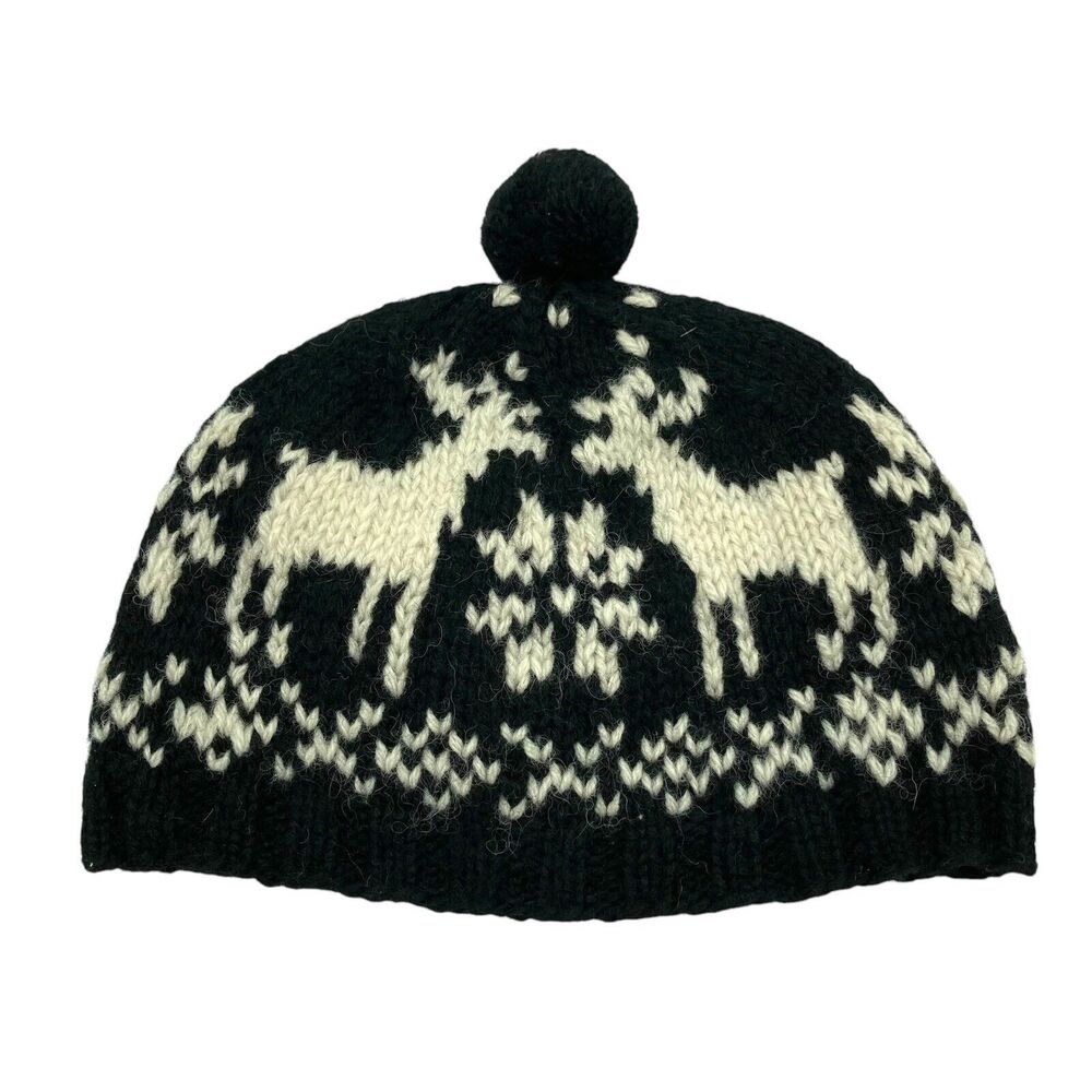 Rare Vintage 80s GAP Black & White 100% Wool Reindeer Snowflake Knit Beanie Cap